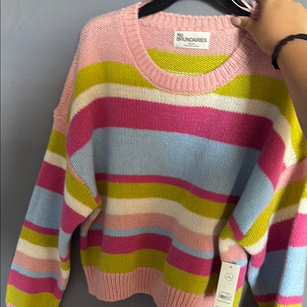 No Boundaries Women's Striped Sweater - Pink, Blue, Green